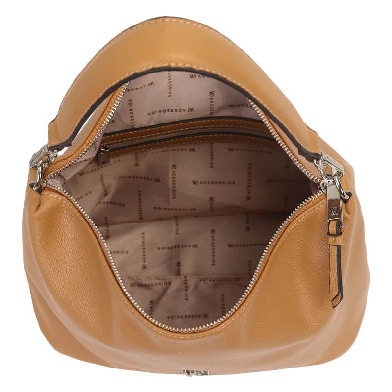Interior da bolsa ombro WJ feminina caramelo mostrando forro e bolso com zíper